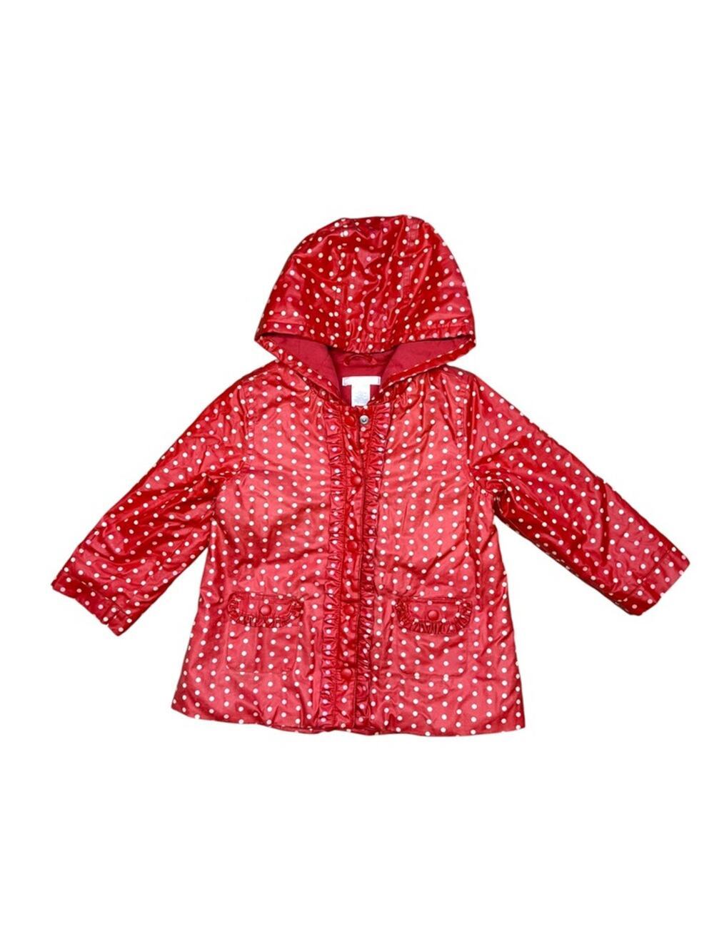 Janie and Jack Red White Polka Dot Ruffle Trim Lined Raincoat w Hood Size 2-3T